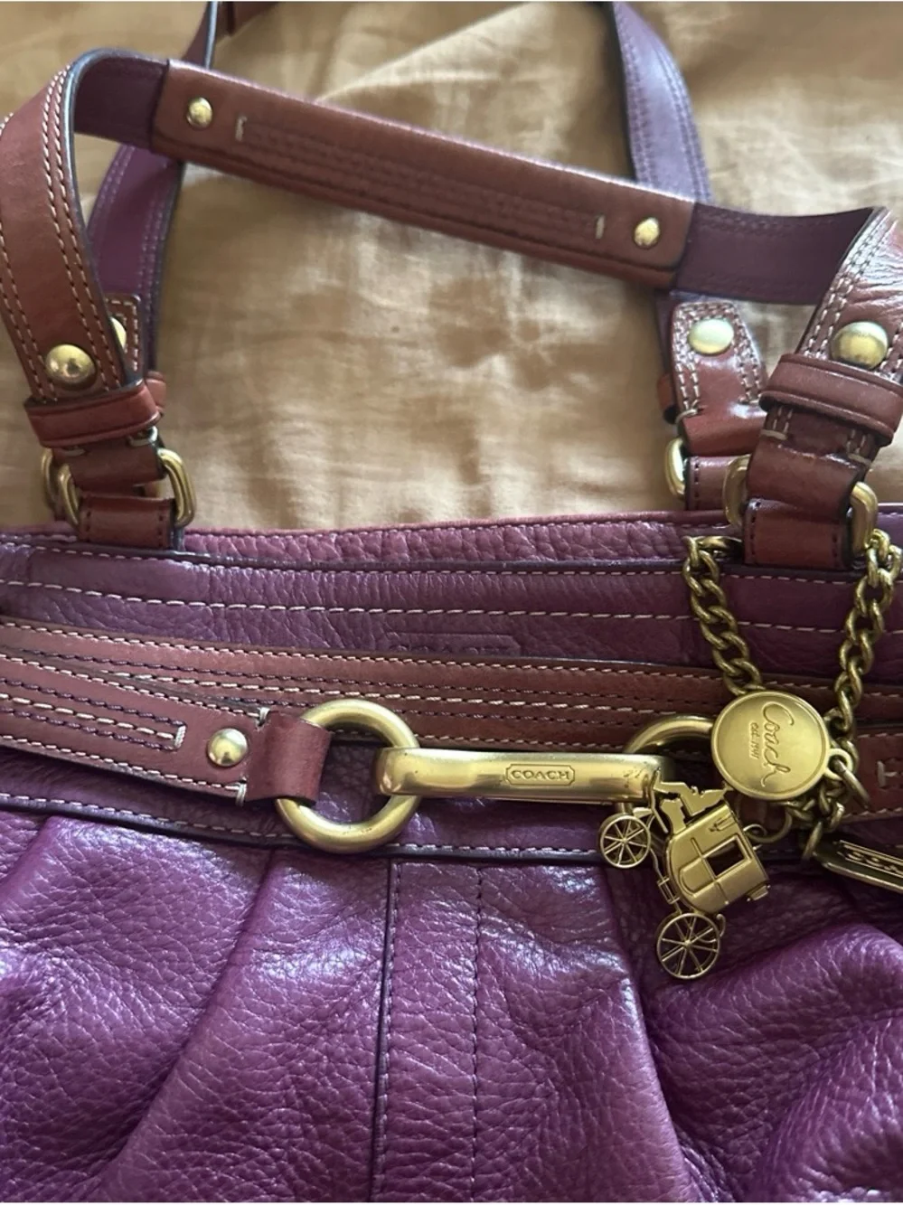 Coach Plum Leather Shoulder Bag with Gold Hardware